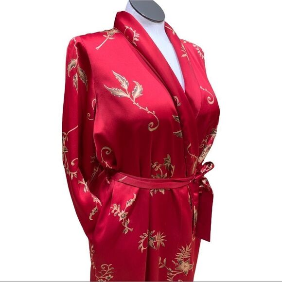 NEXT Robe Lingerie (England) Full Length Silky Red tan white floral Sz M - Picture 7 of 16